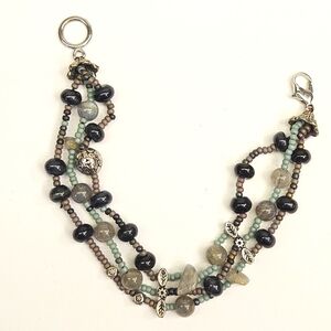 Labradorite and Deep Blue Tiger's Eye Triple Strand Beaded Bracelet